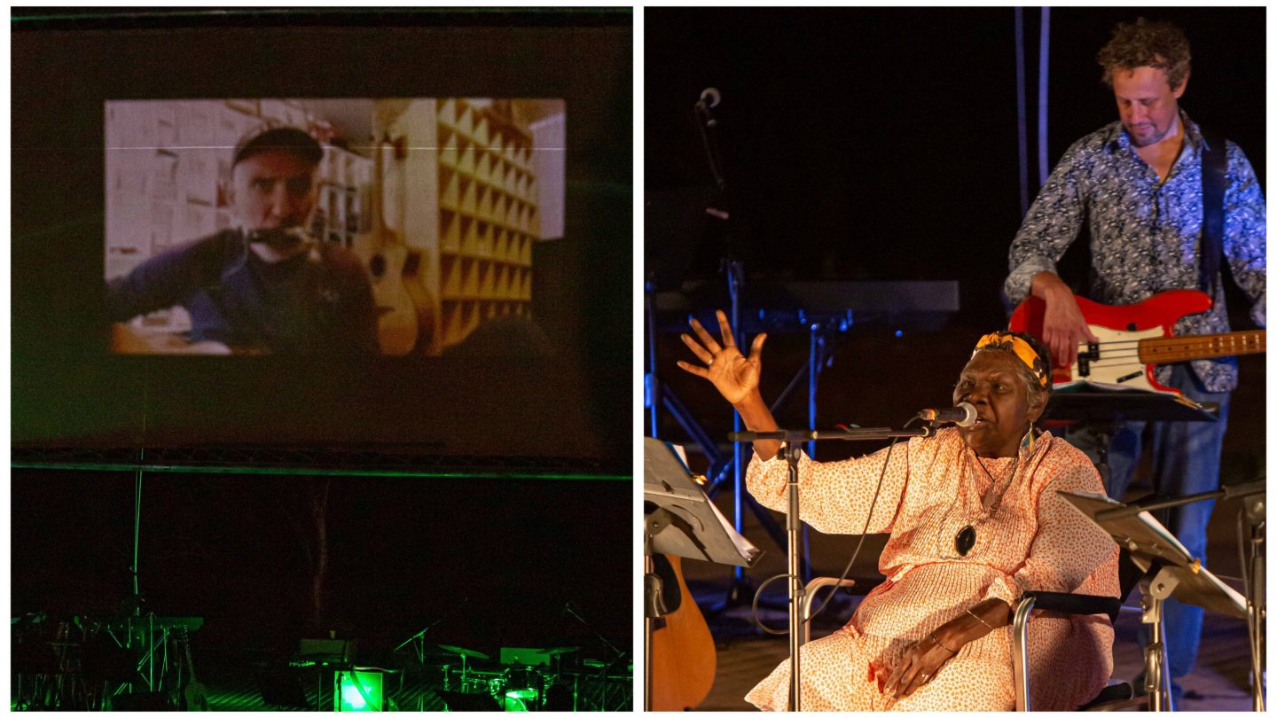 Paul Kelly appears on a screen via satellite. At right Tootsie sings in a bright yellow dress on stage with guitarist.