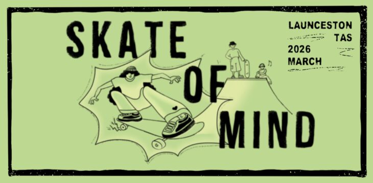 Green background with text SKATE OF MIND sitting above an illustrated graphic of people skateboarding
